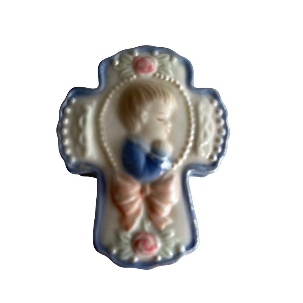 Vintage Porcelain praying child cross trinket box baptism rosary